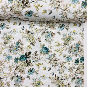 Yaprak Çiçekli Petrol Poplin Kumaş