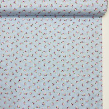 Serpme Çiçek Desenli Mavi Poplin Kumaş